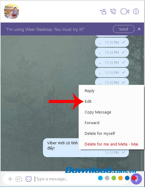 Chọn Edit để sửa tin nhắn Viber đã gửi