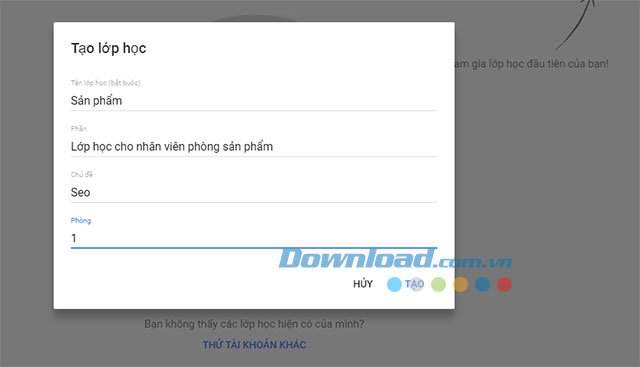 Giao diện thêm lớp học trên Google Classroom