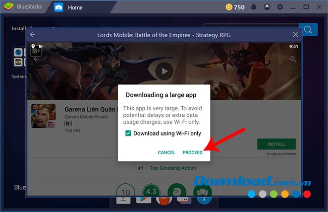 Chọn vào Proceed để cài Liên quân Mobile trên BlueStacks
