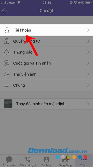 Chọn thay đổi tài khoản Viber