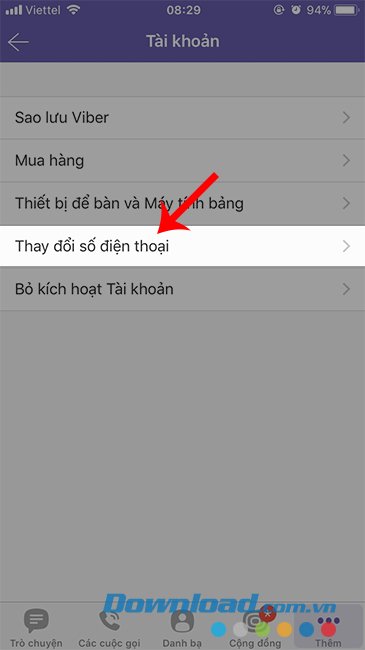 Chọn Thay đổi tài khoản Viber