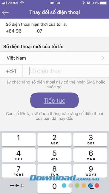 Nhập số điện thoại mới sẽ dùng Viber