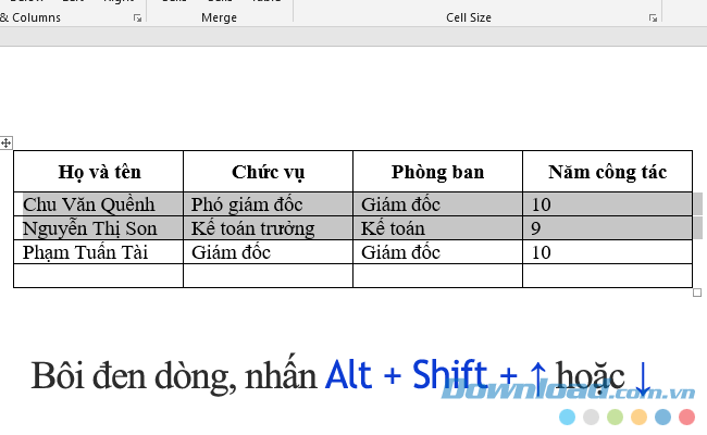 Di chuyển dòng trong bảng Word bằng phím