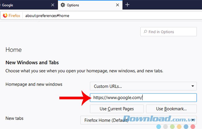Cài đặt Google làm trang chủ của Firefox