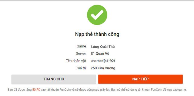 Nạp thẻ thành công
