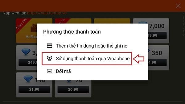 Sử dụng thanh toán đã chọn
