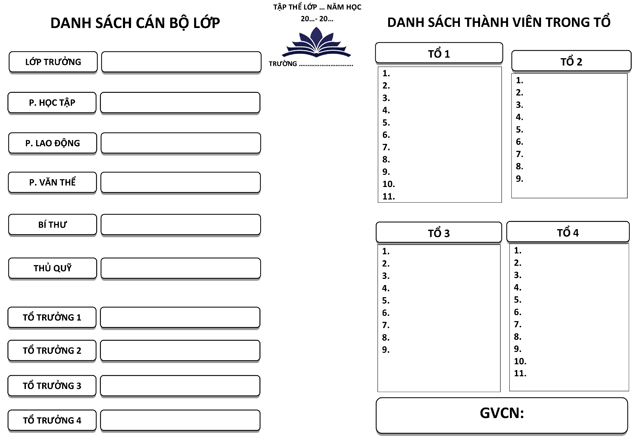 Mẫu danh sách cán bộ lớp và các tổ
