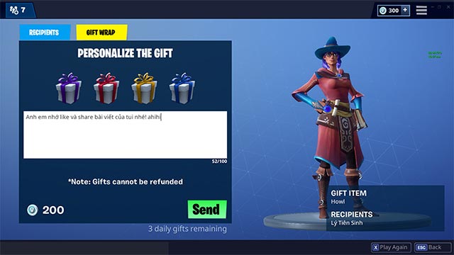 Lời nhắn tặng quà trong Fortnite