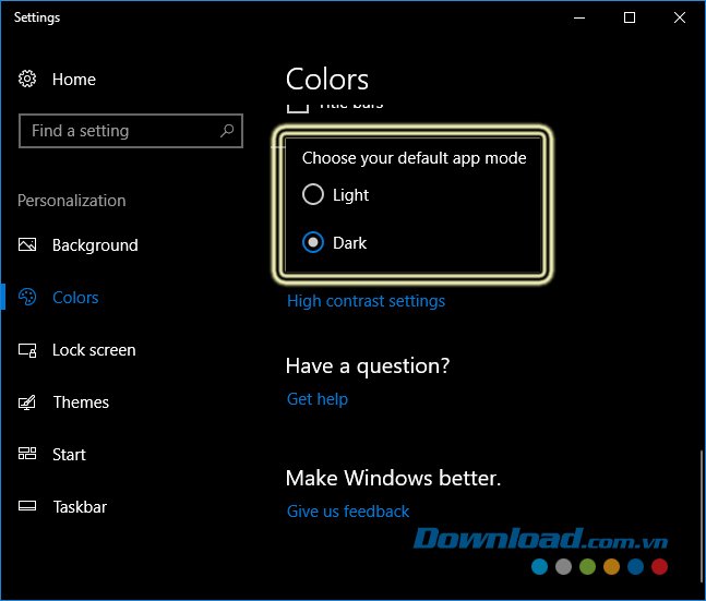 Đồng ý sử dụng chế độ ban đêm trên Windows 10