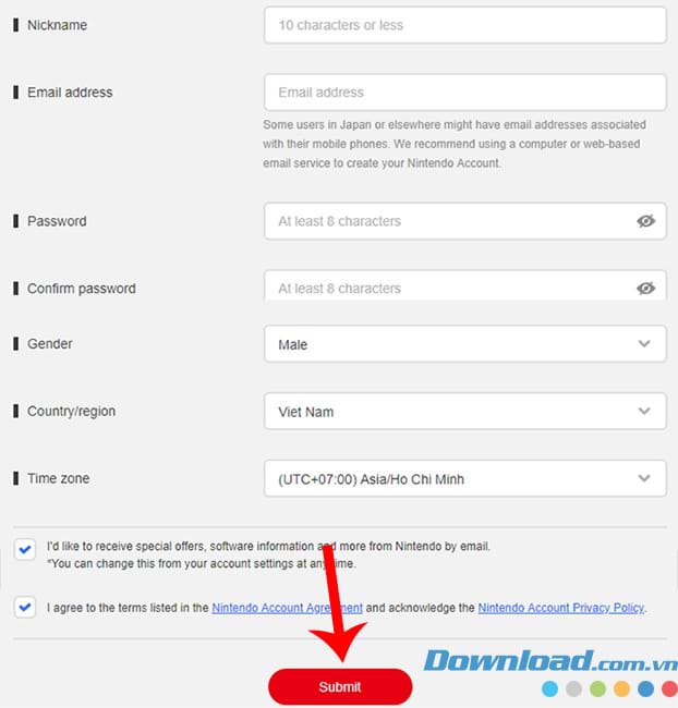 Điền thông tin để đăng ký tài khoản Nintendo