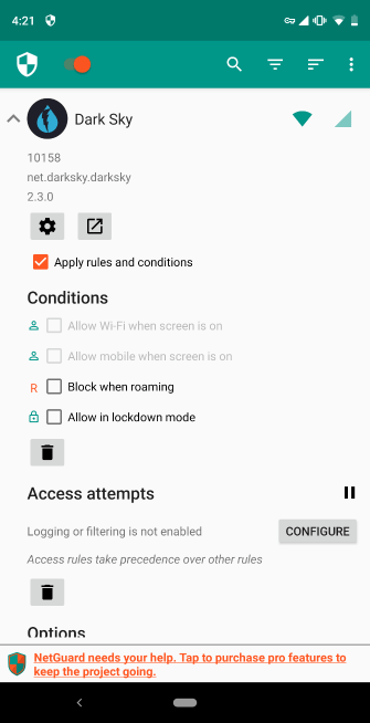 Các tùy chọn trên NetGuard