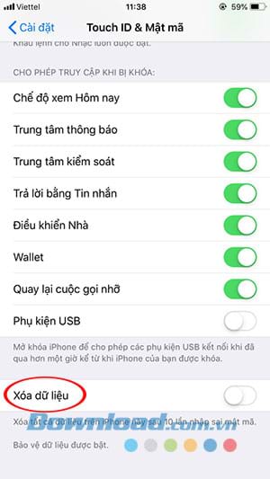 Lựa chọn xóa dữ liệu