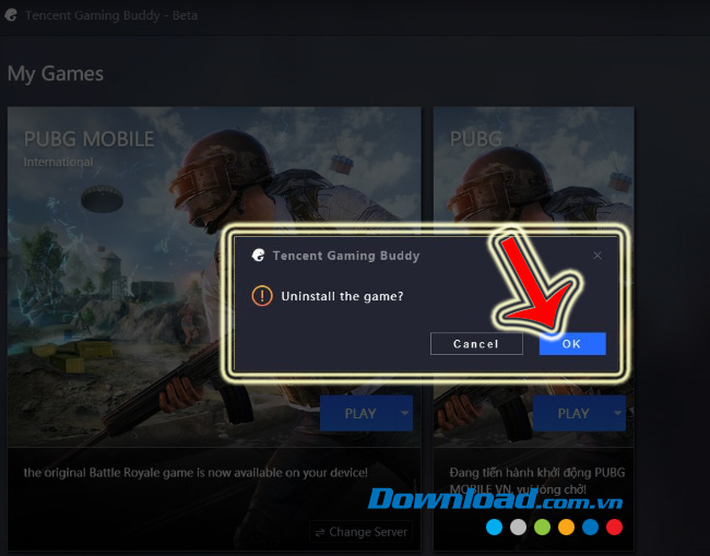 Đồng ý xóa UBG Mobile VNG trên Tencent Gaming Buddy