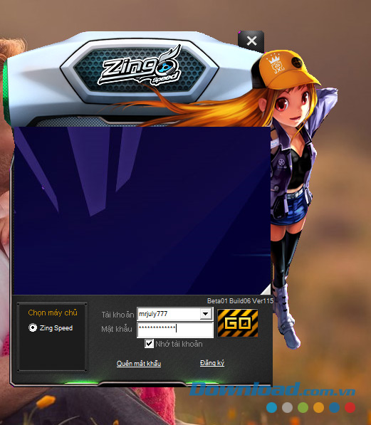 Giao diện đăng nhập vào Zing Speed
