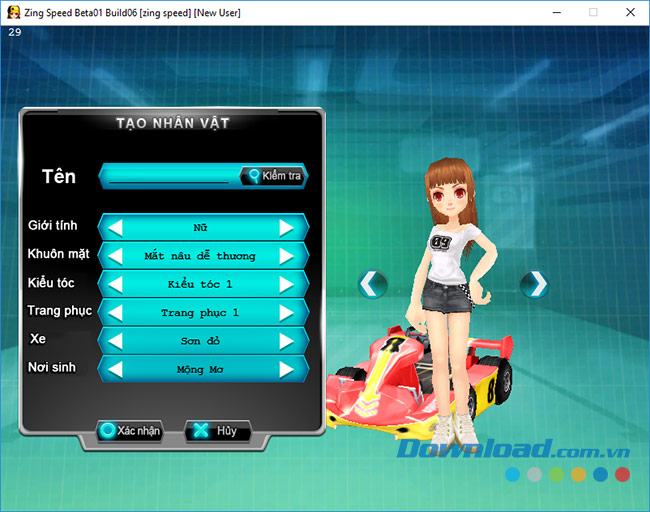 Tạo nhân vật Nữ chơi Zing Speed