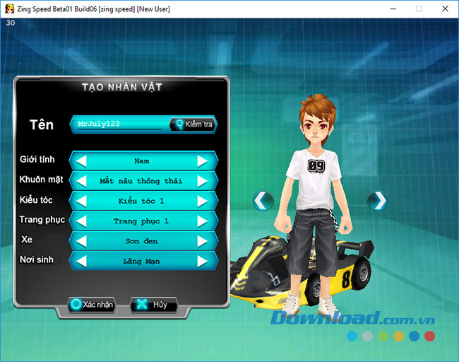 Tạo nhân vật Nam chơi Zing Speed