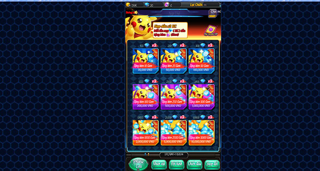 Giao diện nạp thẻ trong game Pikachu