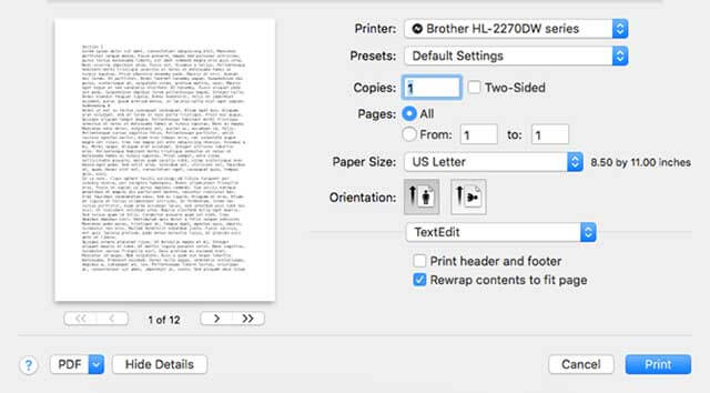 Hiển thị hộp thoại Print mở rộng theo định