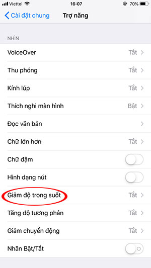 Mở Reduce transparency