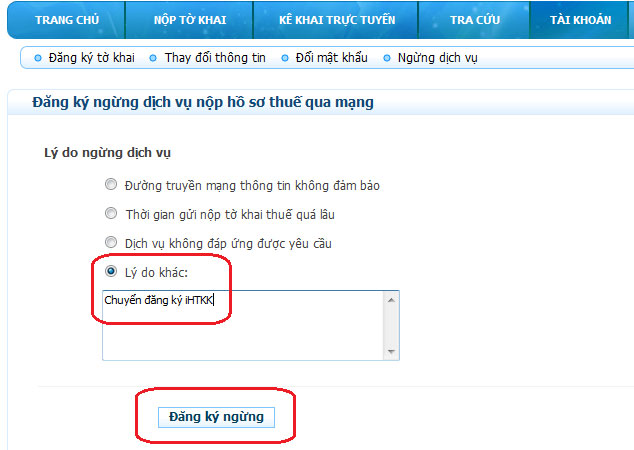 Lý do ngừng dịch vụ