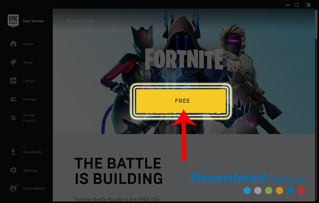 Nhấp vào Free để tải Fortnite