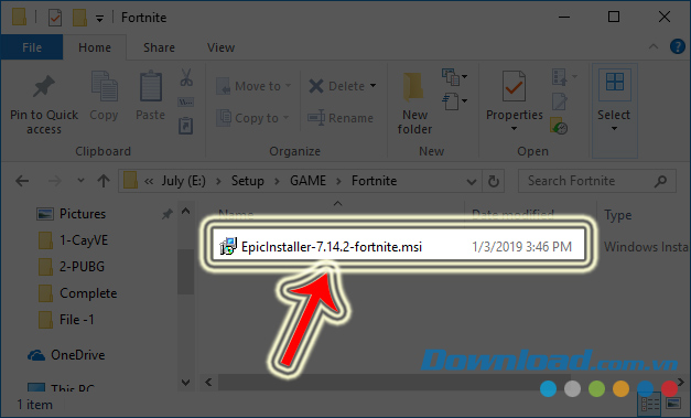 Click vào file cài Fortnite trên PC