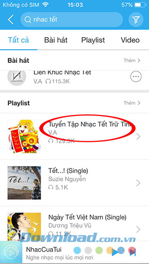 Lựa chọn list nhạc yêu thích trên NhacCuaTui