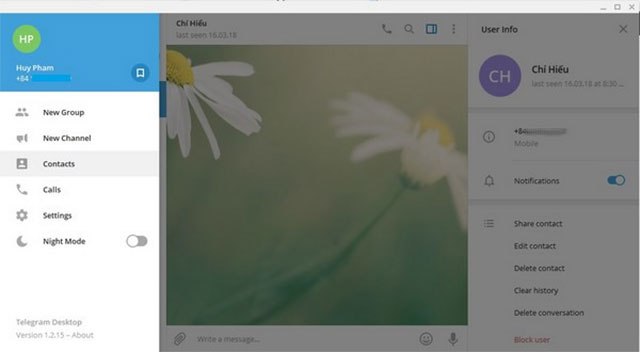 Giao diện ứng dụng chat Telegram đơn giản