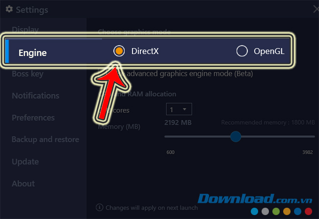 Chọn vào Engine trong cài đặt BlueStacks