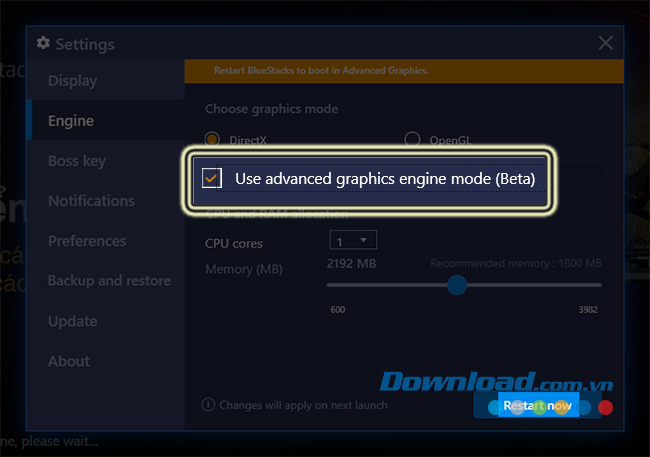 Đánh dấu tick vào tùy chọn trong BlueStacks