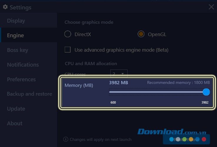 Tăng thêm RAM cho BlueStacks