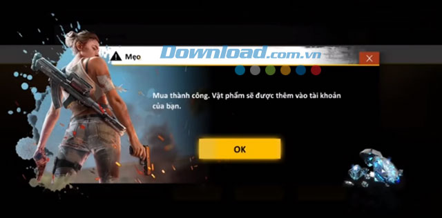 Thông báo mua kim cương thành công trong game Free Fire