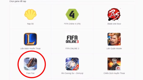 Lựa chọn tựa game muốn nạp thẻ