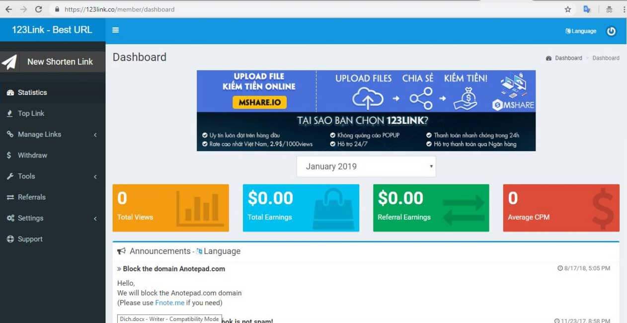 Bảng điều khiển 123link.co