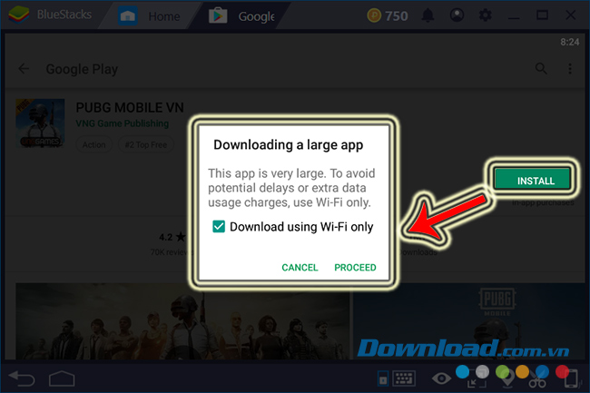 Nhấp vào Install để cài đặt PUBG Mobile trên BlueStacks