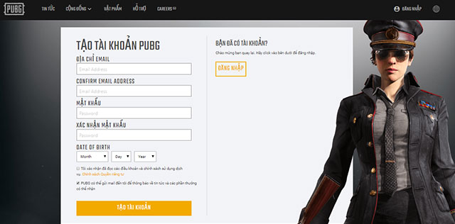 Nhập thông tin đăng ký game PUBG Thái Lan