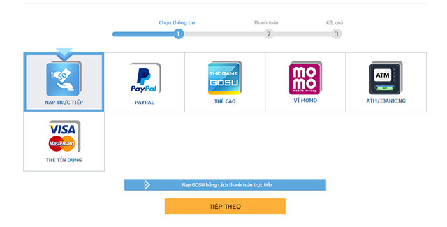 Giao diện nạp GOSU cho game đấu thẻ tướng Tam Quốc