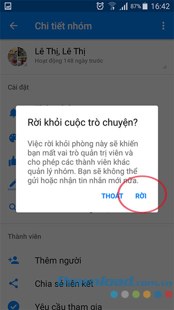 Xác nhận rời nhóm chat Facebook
