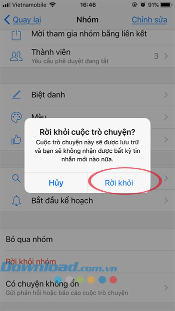 Xác nhận rời nhóm chat Facebook
