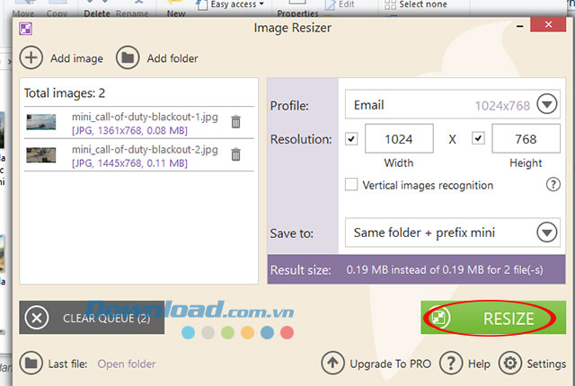 Thiết lập kích thước ảnh sau khi giảm dung lượng