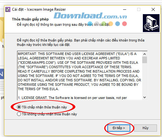 Chấp nhận điều khoản sử dụng phần mềm Icecream Image Resizer