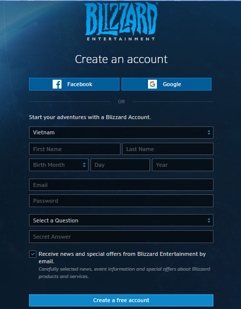 Nhập thông tin đăng ký tài khoản trên trang Battle.net