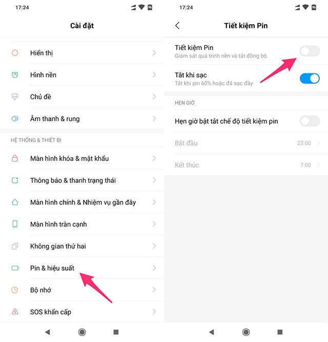 Tắt chế độ tiết kiệm pin trên máy