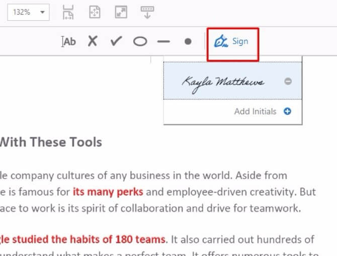 Chọn Sign để ký tài liệu PDF
