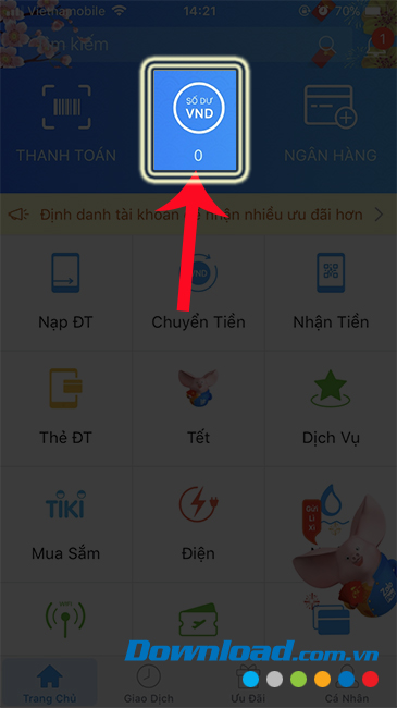 Chọn vào Số Dư