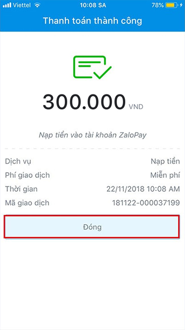 Xác nhận số tiền nạp vào Zalo Pay
