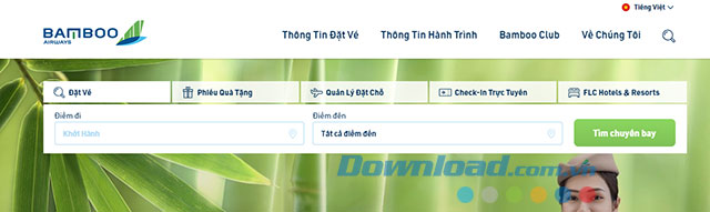 Giao diện đặt vé của Bamboo Airway