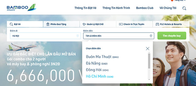 Lựa chọn đường bay trên Bamboo Airway