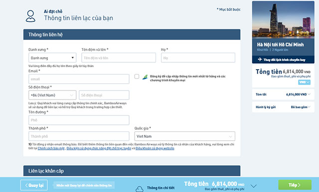 Nhập thông tin đặt vé trên Bamboo Airway