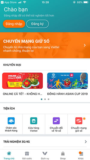 Giao diện chính ứng dụng My Viettel